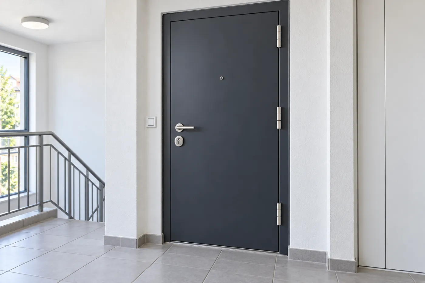 Porte d'entrée blindée gris anthracite posée sur un palier d'immeuble lumineux